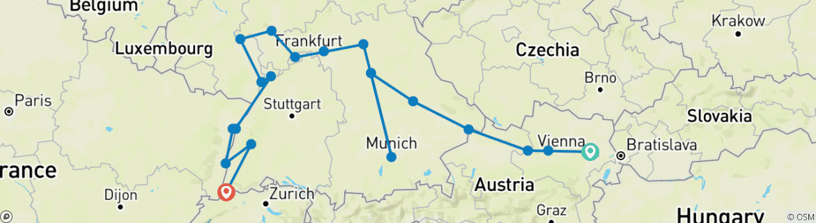 Image of a map showing the route of the tour