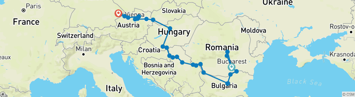 Image of a map showing the route of the tour