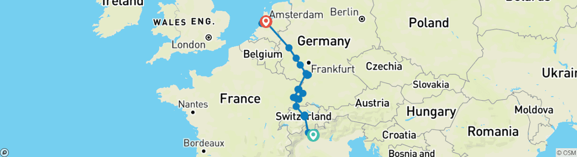 Image of a map showing the route of the tour