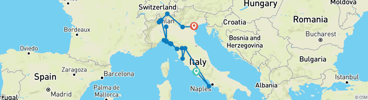 Image of a map showing the route of the tour