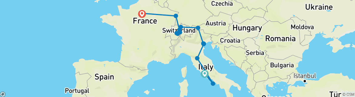 Carte du circuit Grande aventure européenne Rome-Paris - 10 jours
