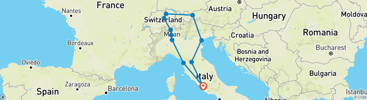 Carte du circuit Grande Odyssée européenne Rome-Milan - 8 jours