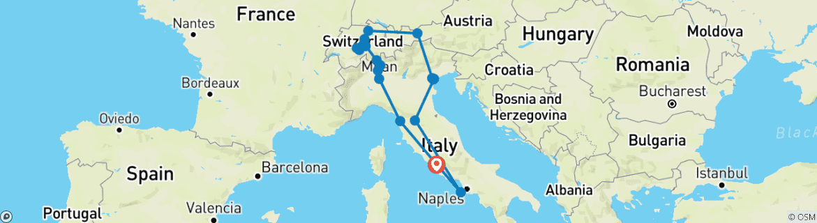 Image of a map showing the route of the tour