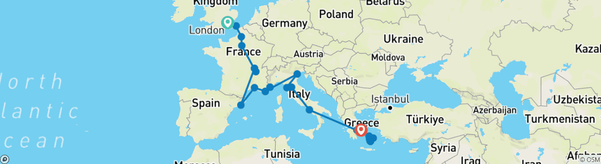 Mapa de De Londres a Atenas con De Isla en Isla por Grecia (Estándar, Inicio París)