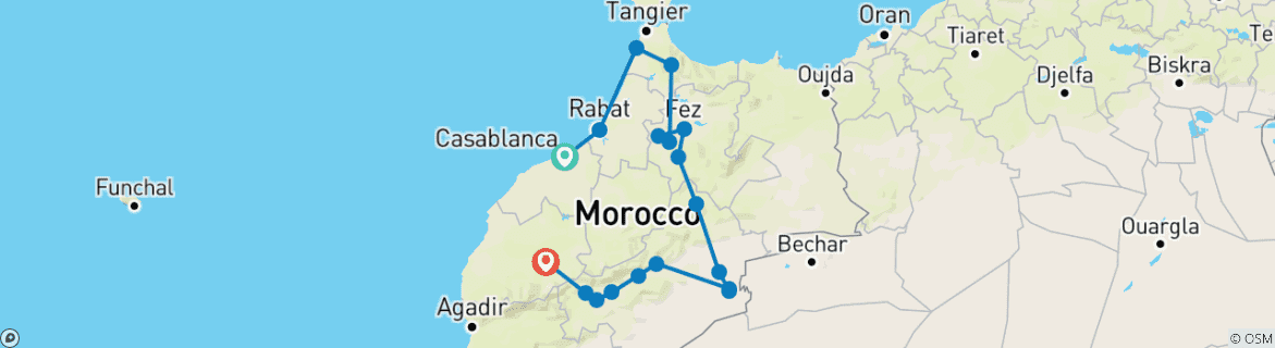 Carte du circuit Circuit privé de 10 jours de Casablanca à Casablanca, Chefchaouen, Fes, via le désert du Sahara