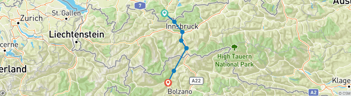 Carte du circuit Traversée des Alpes Garmisch - Merano par la route directe avec le confort d'un hôtel