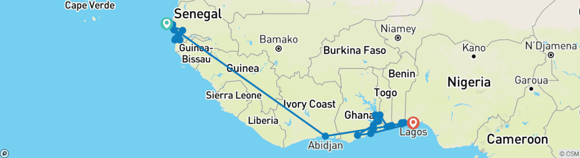 Carte du circuit Sénégal, Gambie, Côte d'Ivoire, Bénin, Togo, Ghana et Nigeria - 27 jours