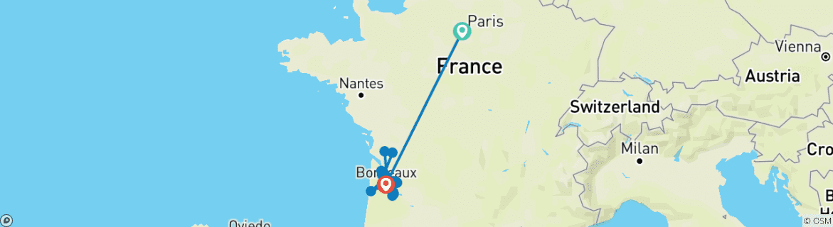 Carte du circuit Bordeaux en beauté et Paris en primeur