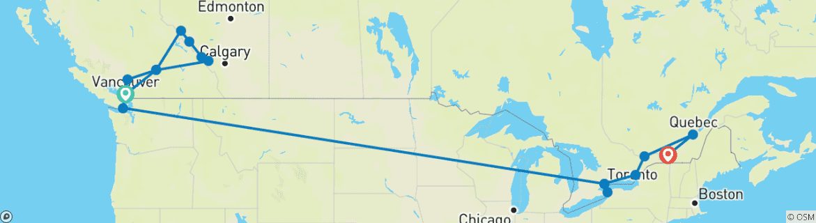 Kaart van Spectaculaire Rockies & het beste van het oosten 2027 - 23 dagen (van Vancouver naar Montreal)