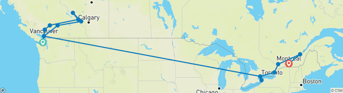 Carte du circuit Grandeur des Rocheuses et meilleur de l'Est 2027 - 19 jours (from Victoria to Montréal)