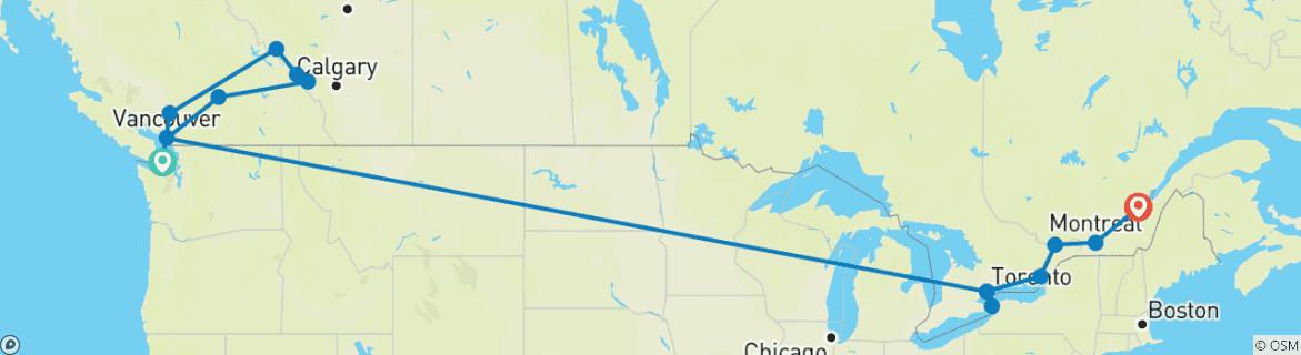 Mapa de Grandeza de las Rocosas y Lo Mejor del Este 2027 - 19 Días (from Victoria to Ciudad de Quebec)