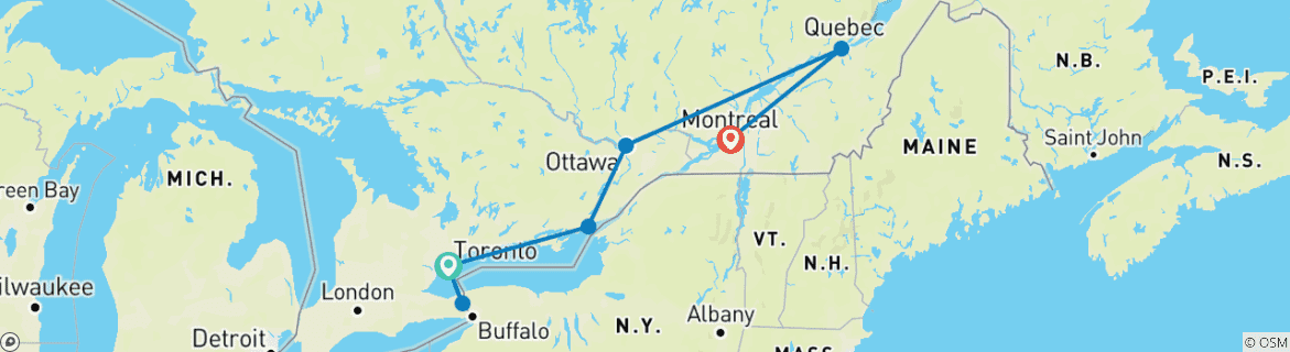 Image of a map showing the route of the tour