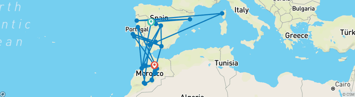 Foto van een kaart met de route van de rondreis