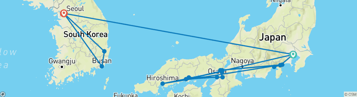 Mapa de De Tokio a Seúl y Jeju - 20 días