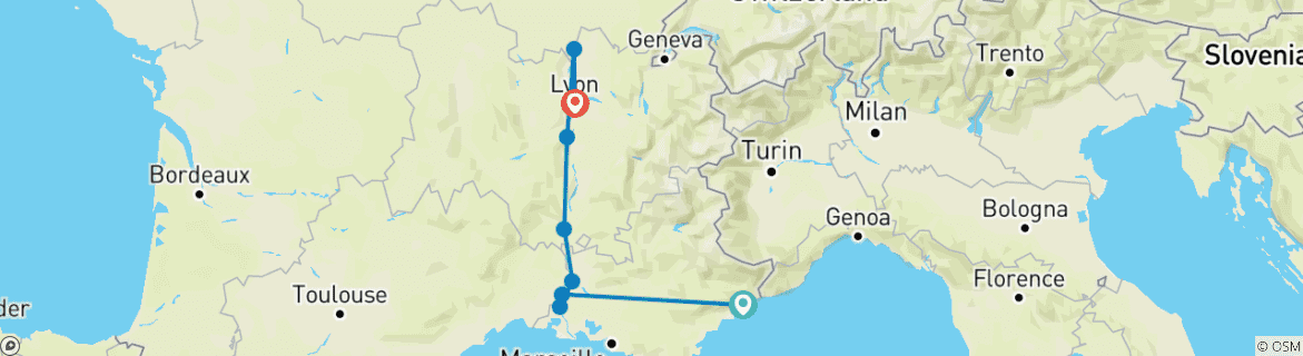 Image of a map showing the route of the tour