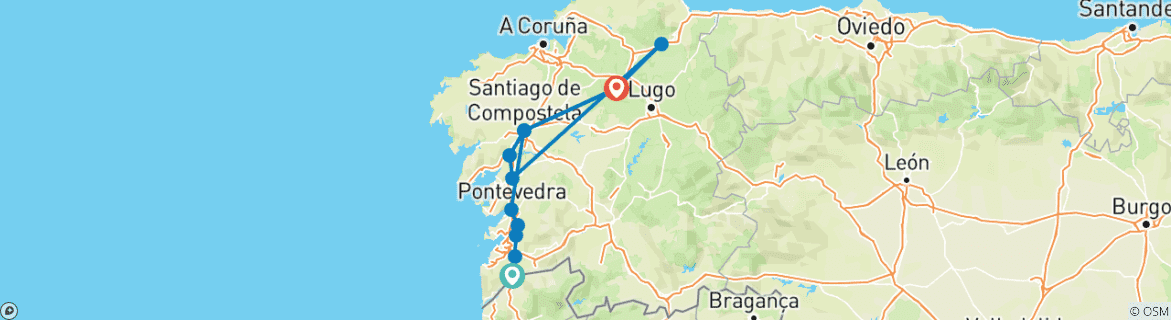 Image of a map showing the route of the tour