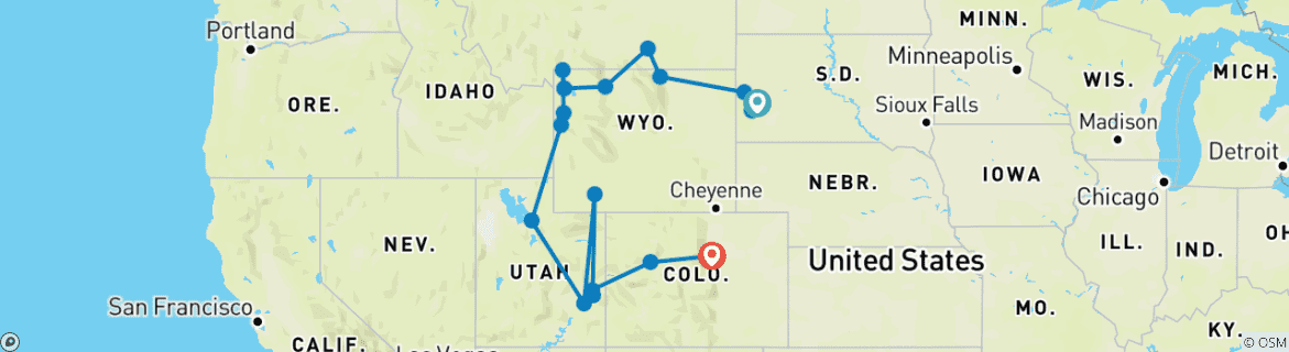 Mapa de Los Parques Nacionales de América con el viaje en tren Canyon Spirit