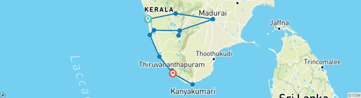 Carte du circuit Kerala & Le luxuriant paradis tropical du sud de l'Inde