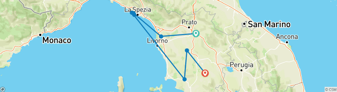 Image of a map showing the route of the tour