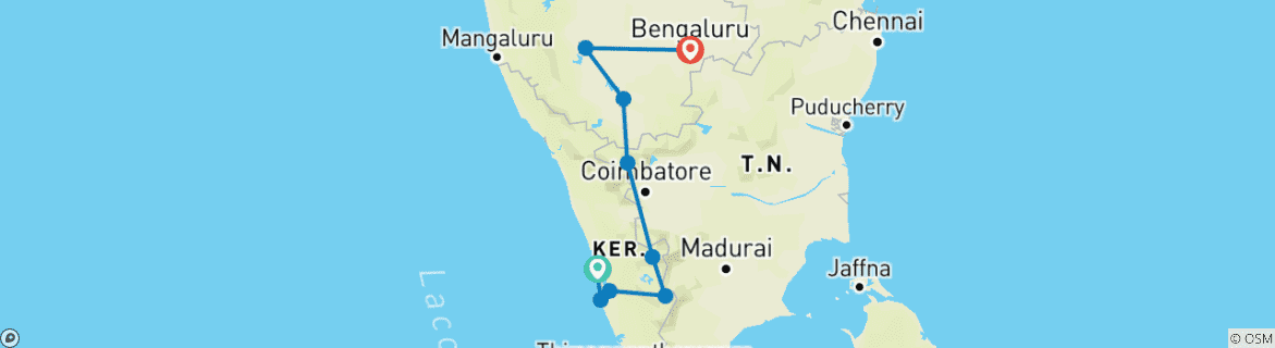 Carte du circuit Luxe dans les Backwaters du Kerala avec les points forts du Karnataka