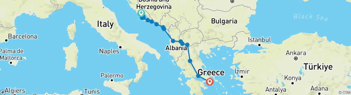 Image of a map showing the route of the tour