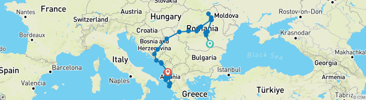 Image of a map showing the route of the tour