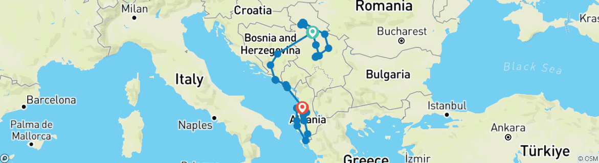 Carte du circuit De la Serbie à l'Albanie