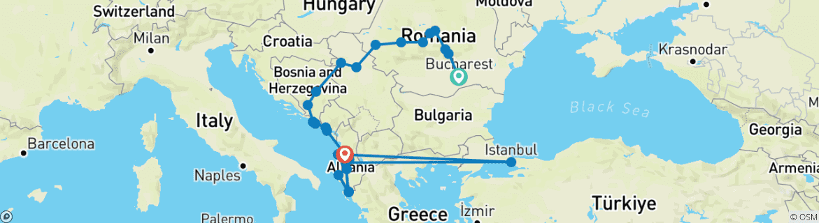 Image of a map showing the route of the tour