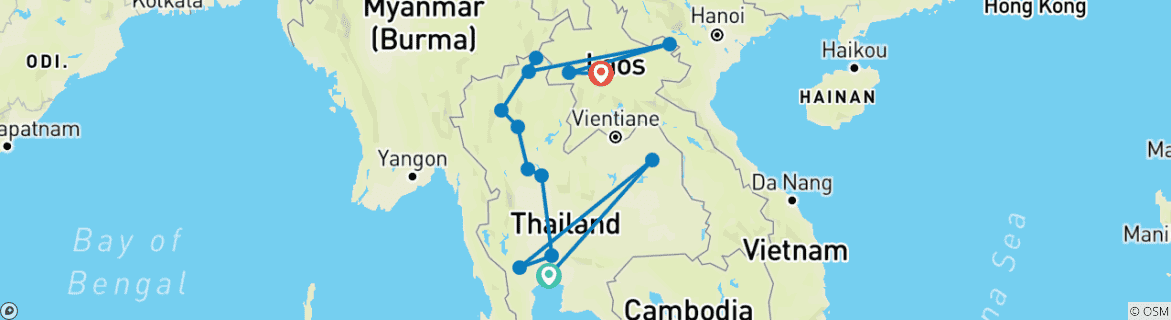 Foto van een kaart met de route van de rondreis