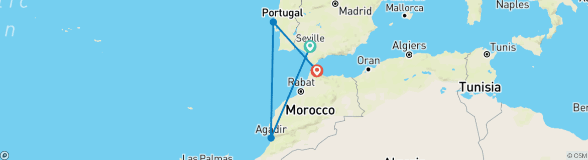 Image of a map showing the route of the tour