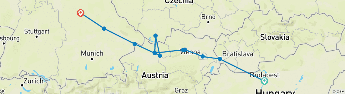 Image of a map showing the route of the tour