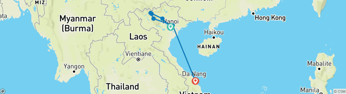 Image of a map showing the route of the tour