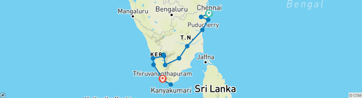 Image of a map showing the route of the tour