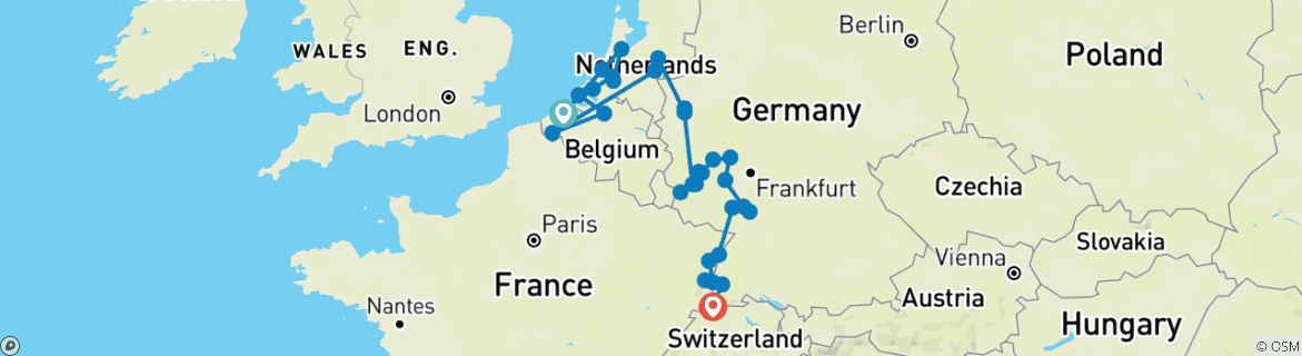 Foto van een kaart met de route van de rondreis