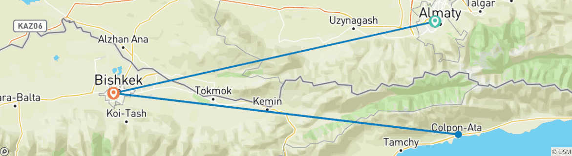 Kaart van 8 Dagen Essentiële Kazachstan Naar Kirgizië Kleine Groepsreis 4 Sterren Hotel （Max 16）