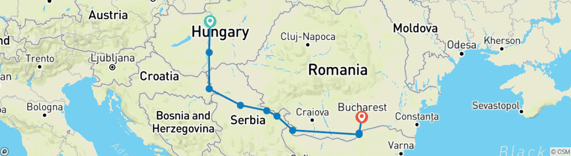 Image of a map showing the route of the tour