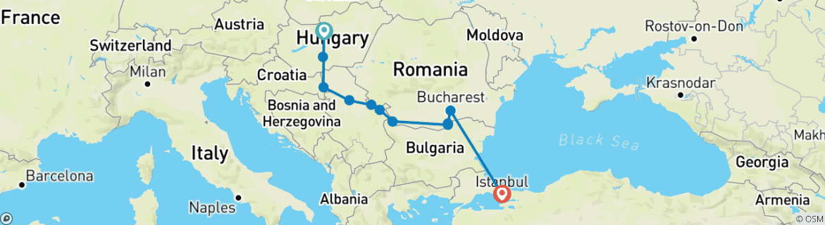 Image of a map showing the route of the tour