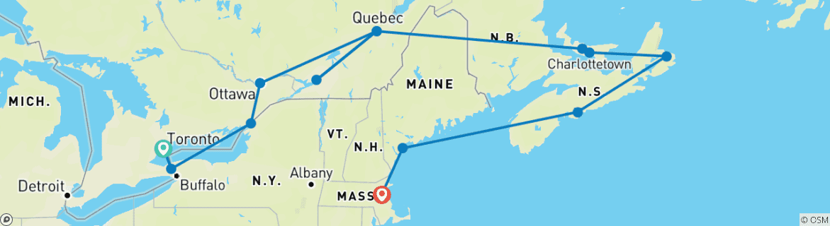 Image of a map showing the route of the tour