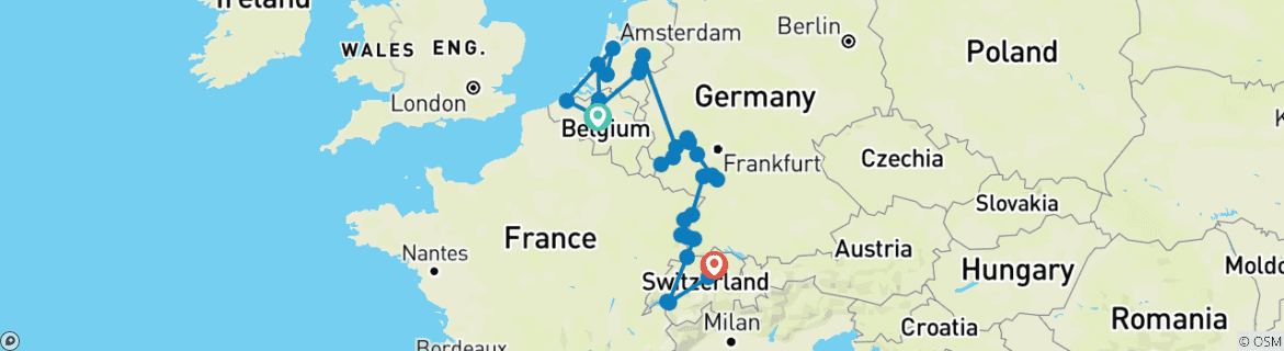 Carte du circuit Le Rhin et la Moselle romantiques, avec la Suisse et la Belgique enchanteresse 2027 – 22 jours