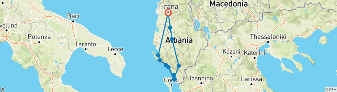 Image of a map showing the route of the tour