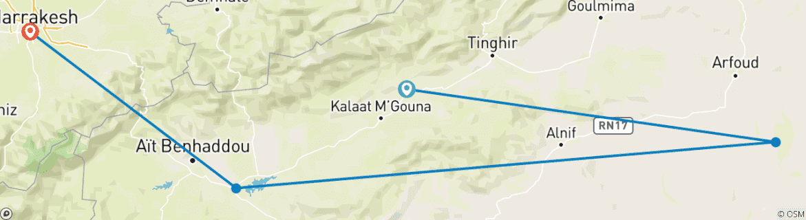 Image of a map showing the route of the tour