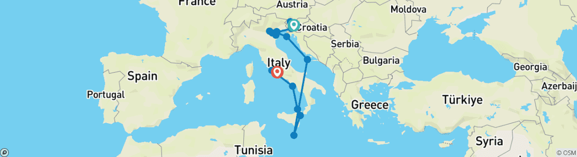 Carte du circuit Le meilleur de l'Italie, de la Croatie et de Malte avec la Slovénie (2027) (de Ljubljana à Civitavecchia, 2027)