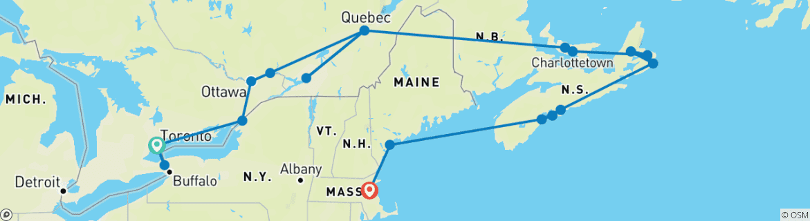 Image of a map showing the route of the tour