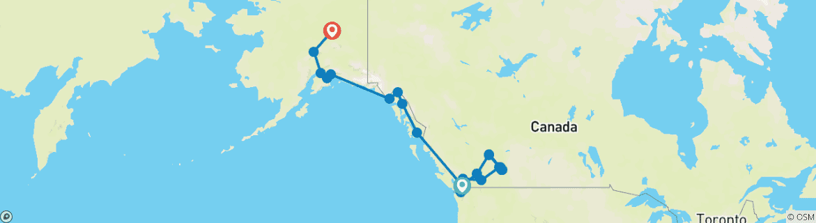 Image of a map showing the route of the tour