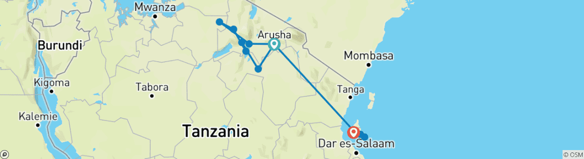 Image of a map showing the route of the tour