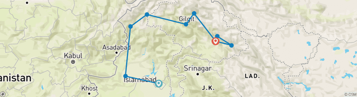 Image of a map showing the route of the tour