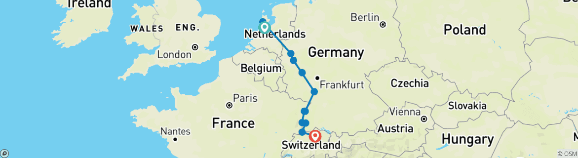 Image of a map showing the route of the tour