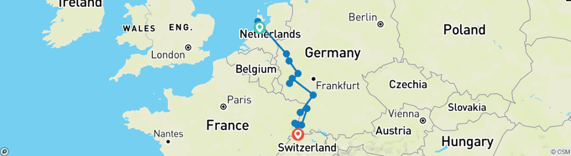 Image of a map showing the route of the tour
