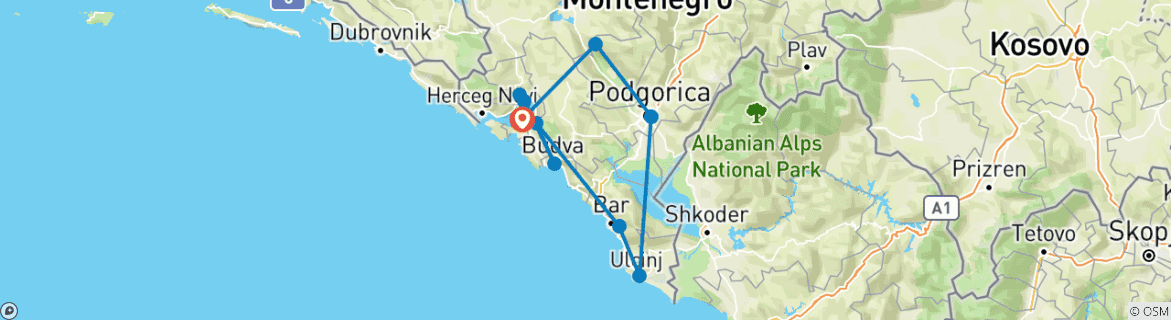 Image of a map showing the route of the tour