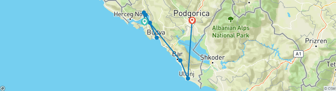 Image of a map showing the route of the tour